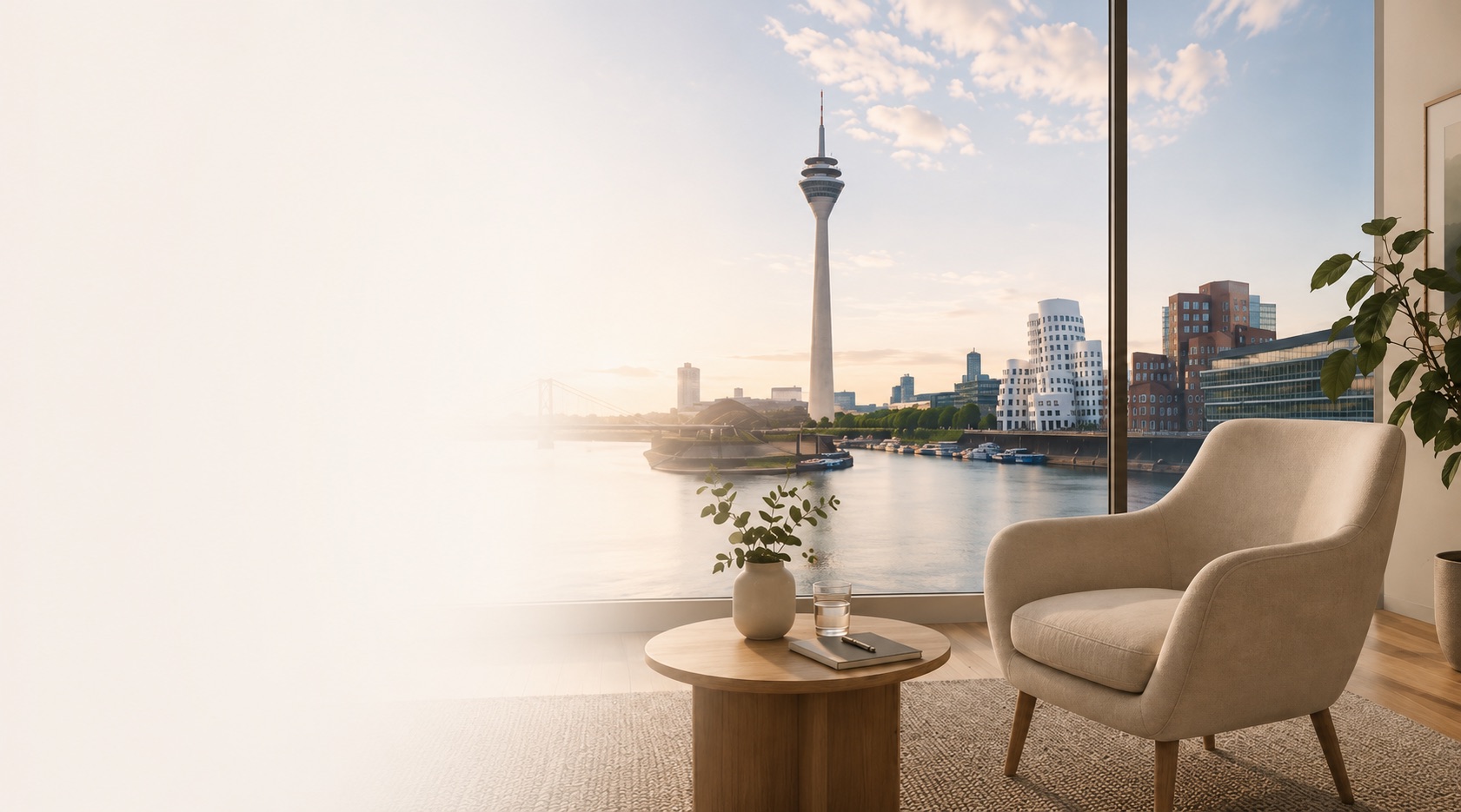 Therapieraum der Praxis Dr. Demiragli mit Blick auf die Düsseldorfer Skyline